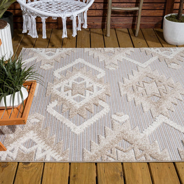 Sumak High-low Pile Neutral Diamond Kilim Area Rug